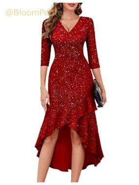 Sequin V Neck 3/4 Sleeve Midi Homecoming Cocktail Dress